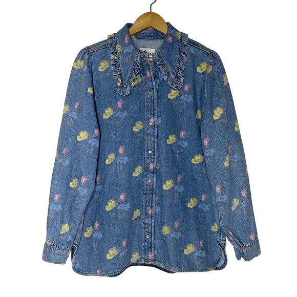 Ganni Printed Indigo Frill Collar Shirt Womens Size 44 US 14 Cottagecore Femme - Picture 5 of 13